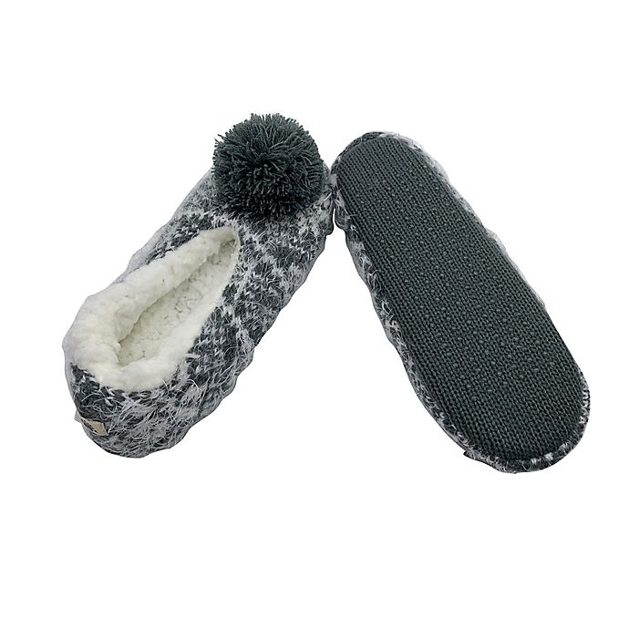 slide 3 of 3, Bee & Willow Home Hairy Fairisle Small Slippers with Pom Pom - Grey, 1 ct