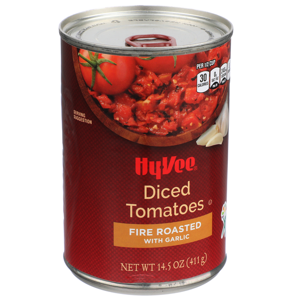 slide 1 of 1, Hy-vee Fire Roasted With Garlic Diced Tomatoes, 14.5 oz