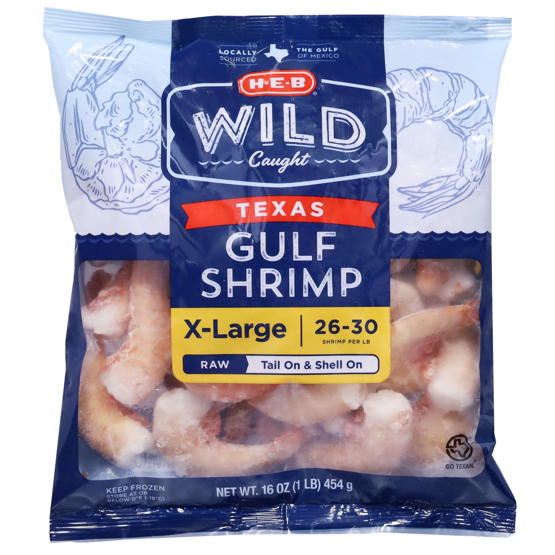 slide 1 of 1, H-E-B Wild Caught Shell-On Tail-On XL Texas Gulf Raw Frozen Shrimp, 26 - 30 ct/lb, 1 lb