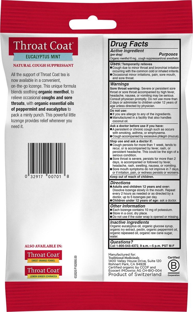 slide 3 of 3, Traditional Medicinals Organic Throat Coat Lozenges Eucalyptus Mint, 16 ct