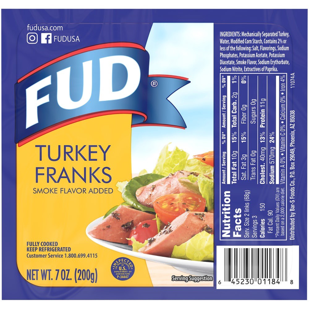 slide 1 of 3, FUD Turkey Franks, 7 oz