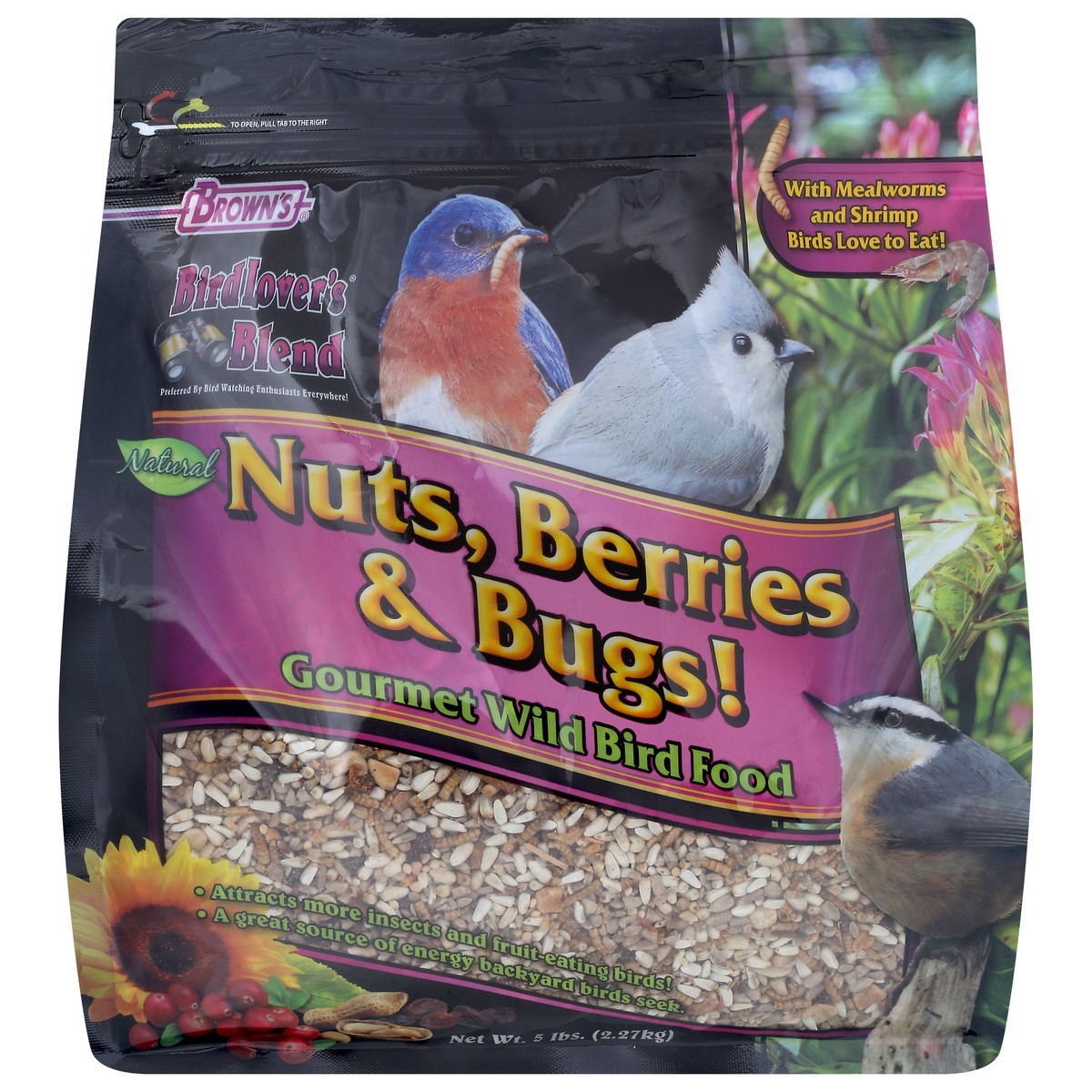 slide 1 of 13, Brown's Birdlover's Blend Gourmet Wild Nuts, Berries & Bugs Bird Food 5 lb, 5 lb