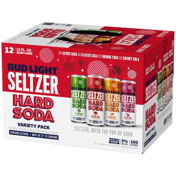 slide 6 of 9, Bud Light Hard Seltzer Citrus Soda, Classic Cola, Orange Soda & Cherry Cola Hard Soda Variety Pack, Gluten Free, 12 Pack, 12 FL OZ Slim Cans, 144 fl oz