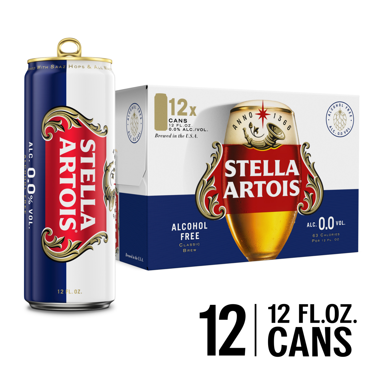 slide 1 of 7, Stella Artois 0.0 Alcohol Free Brew, Non-alcoholic Beer 12 Pack 12 fl oz Cans, 12 ct; 12 oz