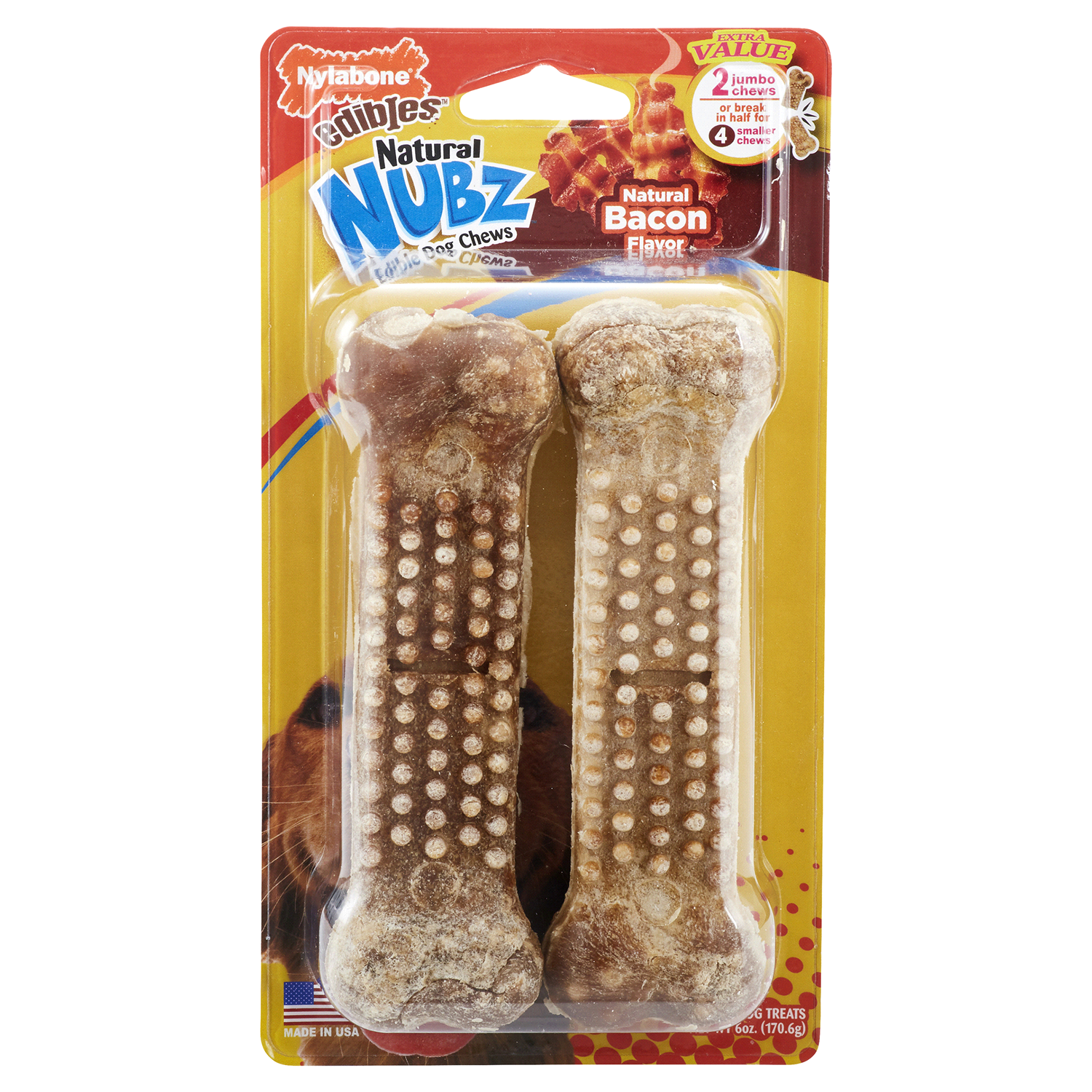 slide 1 of 2, Nylabone Natural Nubz Long Lasting Bacon Dog Treats Jumbo - Up to 50 lbs.(2 Count), 6 oz