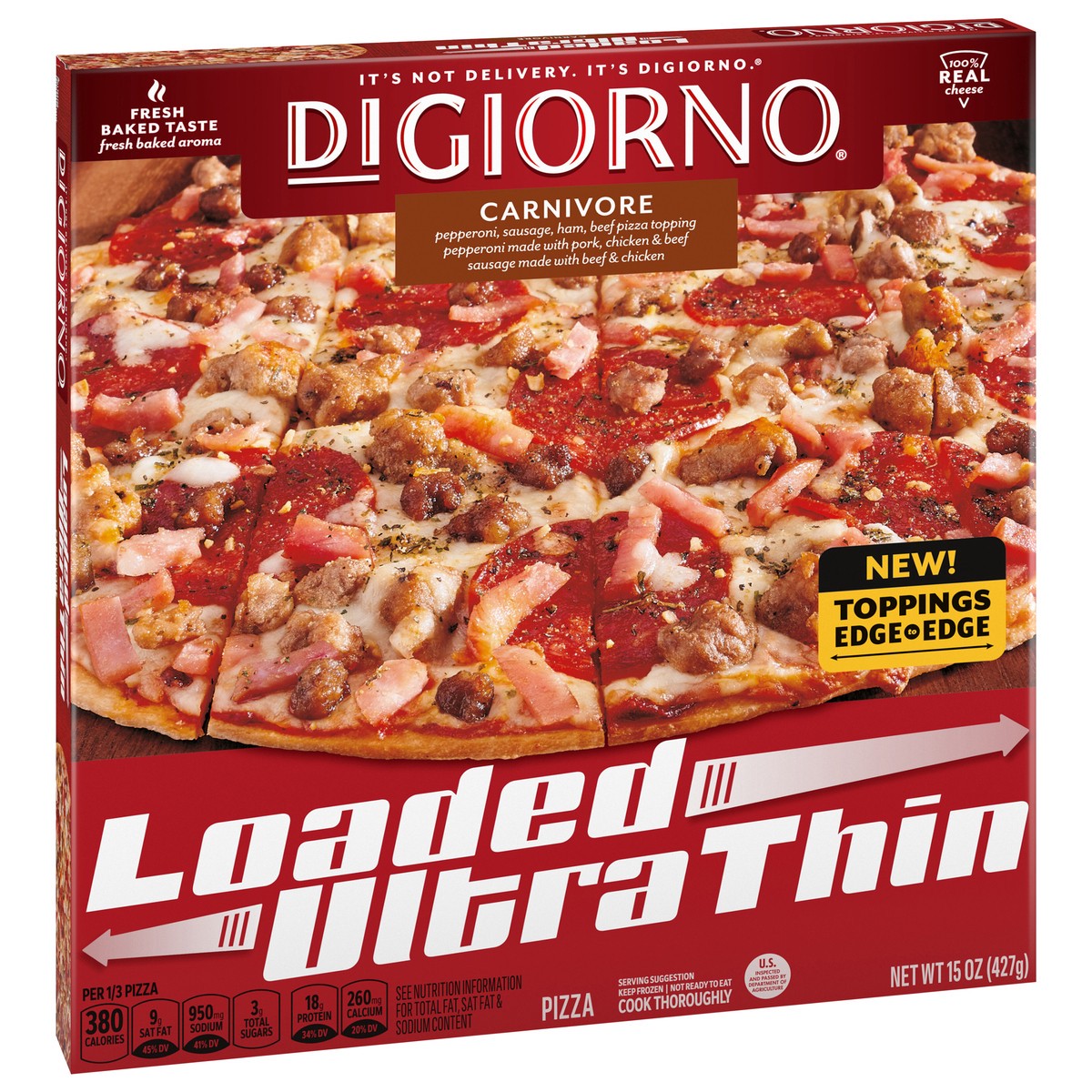 slide 7 of 9, DiGiorno Loaded Ultra Thin Crust Carnivore Pizza (Frozen), 15 oz