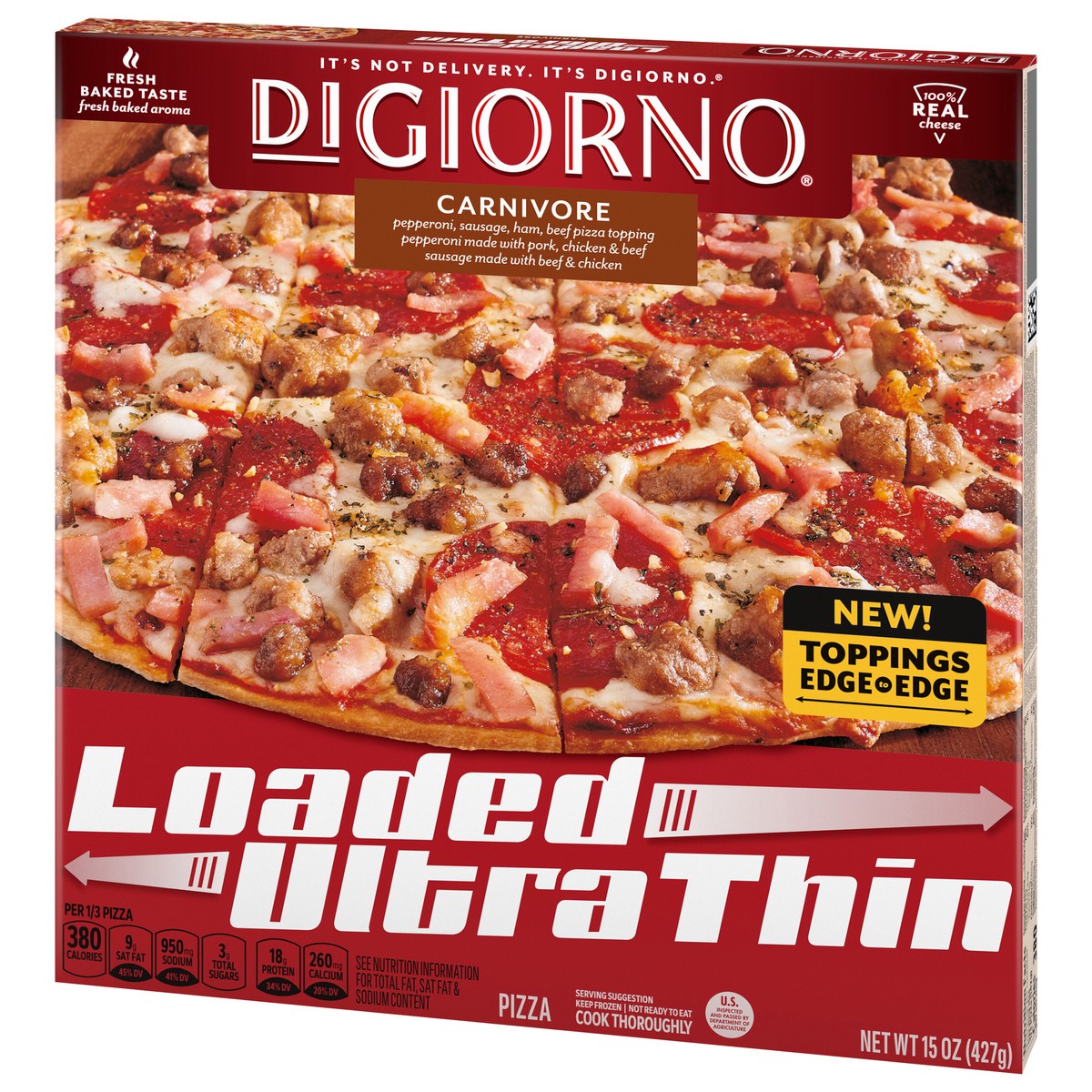 slide 2 of 9, DiGiorno Loaded Ultra Thin Crust Carnivore Pizza (Frozen), 15 oz