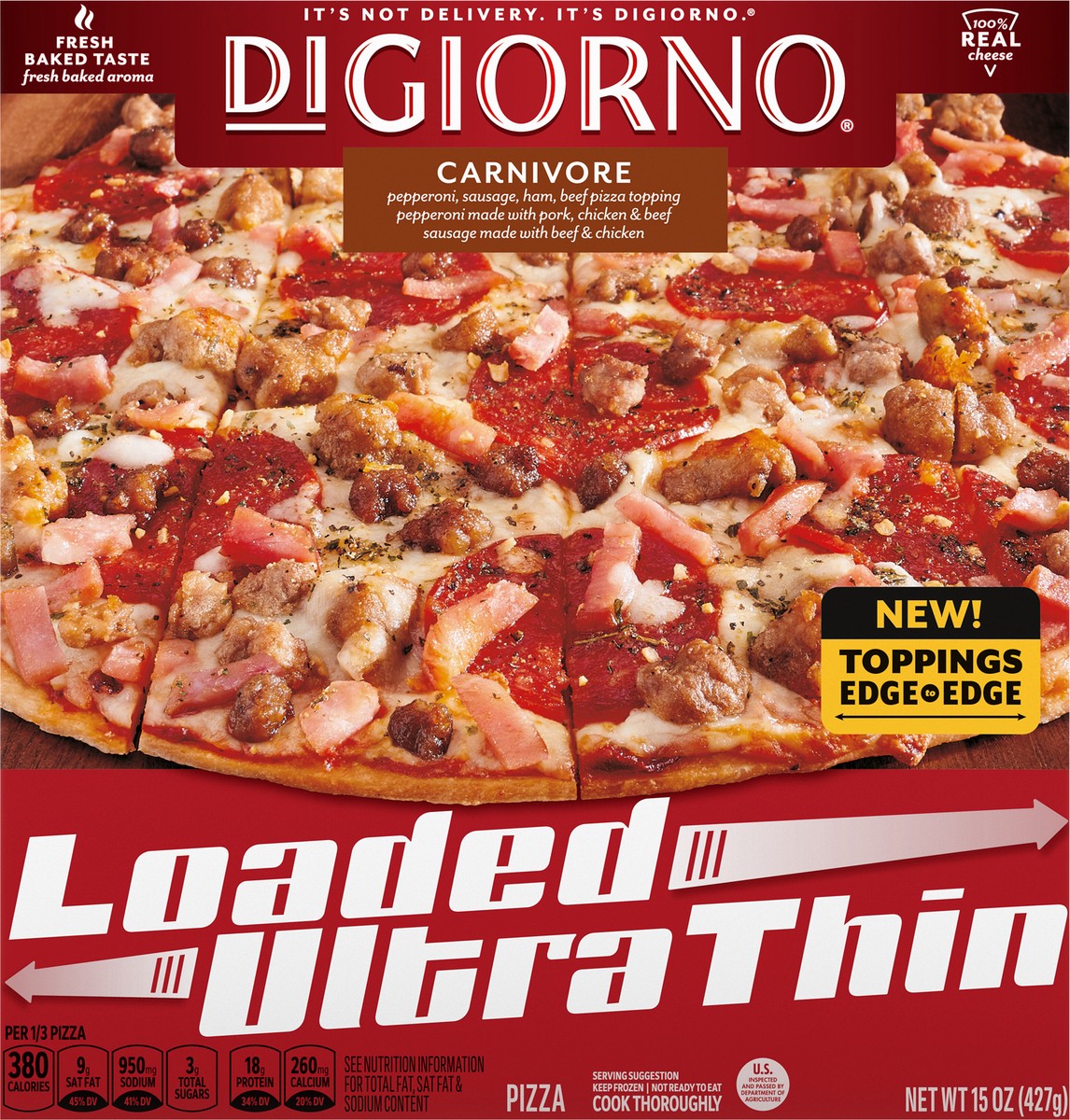 slide 9 of 9, DiGiorno Loaded Ultra Thin Crust Carnivore Pizza (Frozen), 15 oz