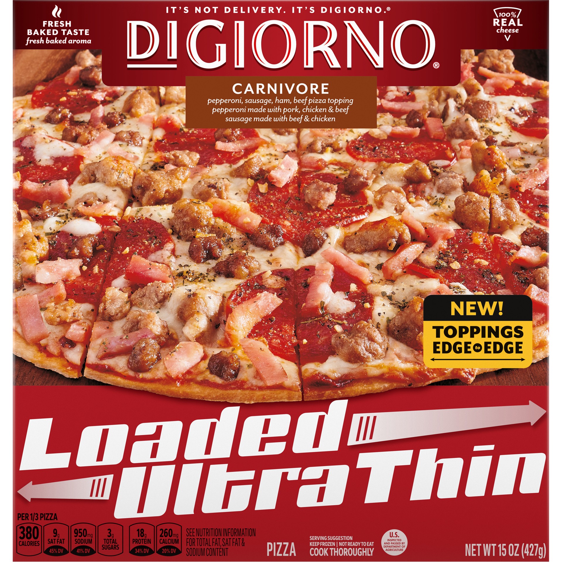 slide 1 of 9, DiGiorno Loaded Ultra Thin Crust Carnivore Pizza (Frozen), 15 oz