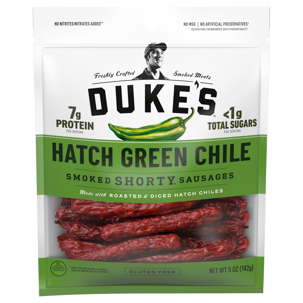 slide 1 of 5, Duke's Pork Hatch Green Chile Smoked Shorty Sausages, 7g Protein Per Serving, 5 oz., 5 oz