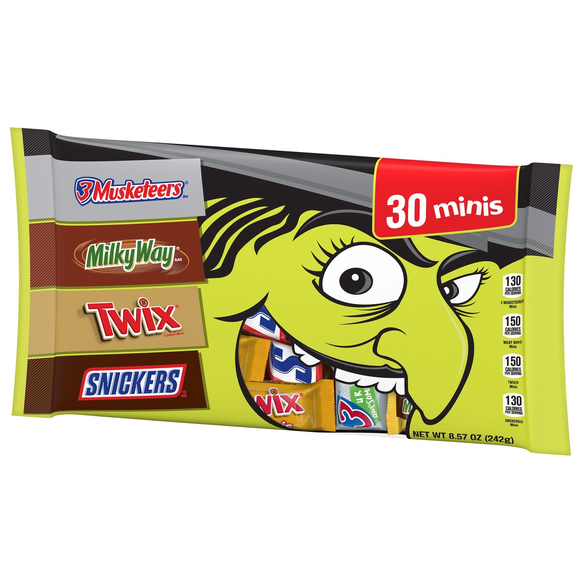 slide 13 of 14, Mars Snickers, Twix, Milky Way & 3 Musketeers Minis Halloween Candy - 30 Ct, 8.57 Oz Bag, 30 ct