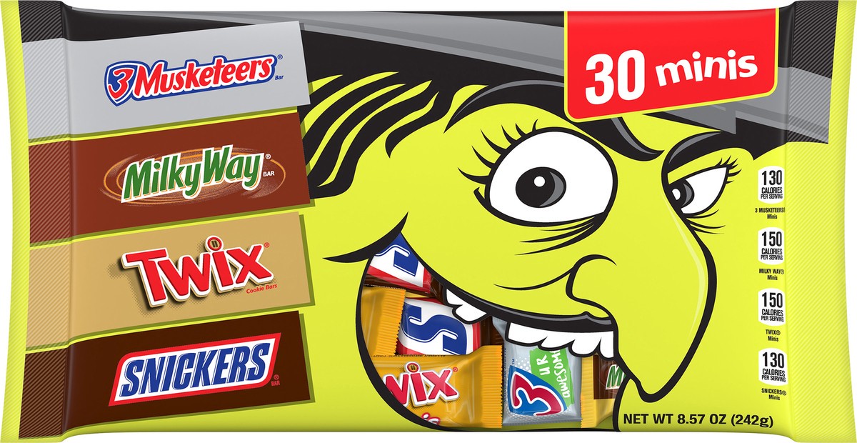 slide 5 of 14, Mars Snickers, Twix, Milky Way & 3 Musketeers Minis Halloween Candy - 30 Ct, 8.57 Oz Bag, 30 ct