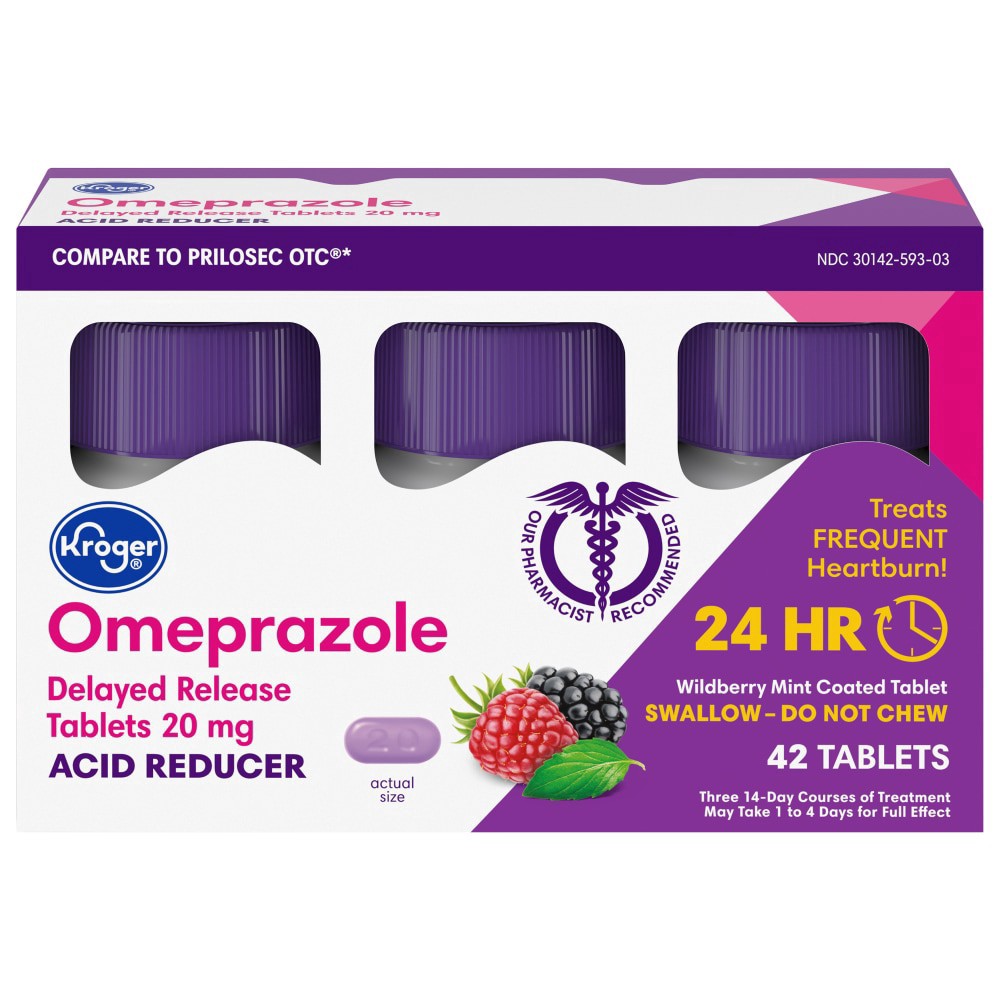 slide 1 of 4, Kroger Omeprazole Wild Berry Mint Acid Reducer Tablets 20Mg, 42 ct