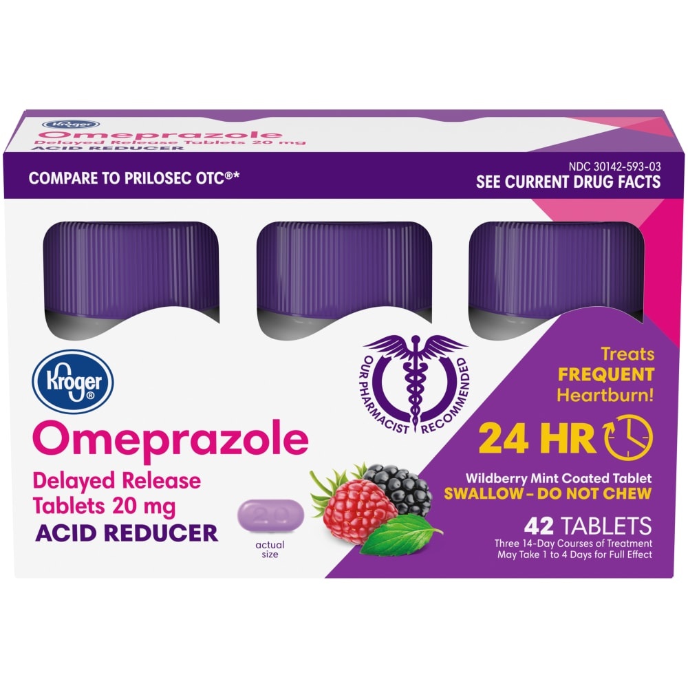 slide 1 of 1, Kroger Omeprazole Wild Berry Mint Acid Reducer Tablets 20Mg, 42 ct
