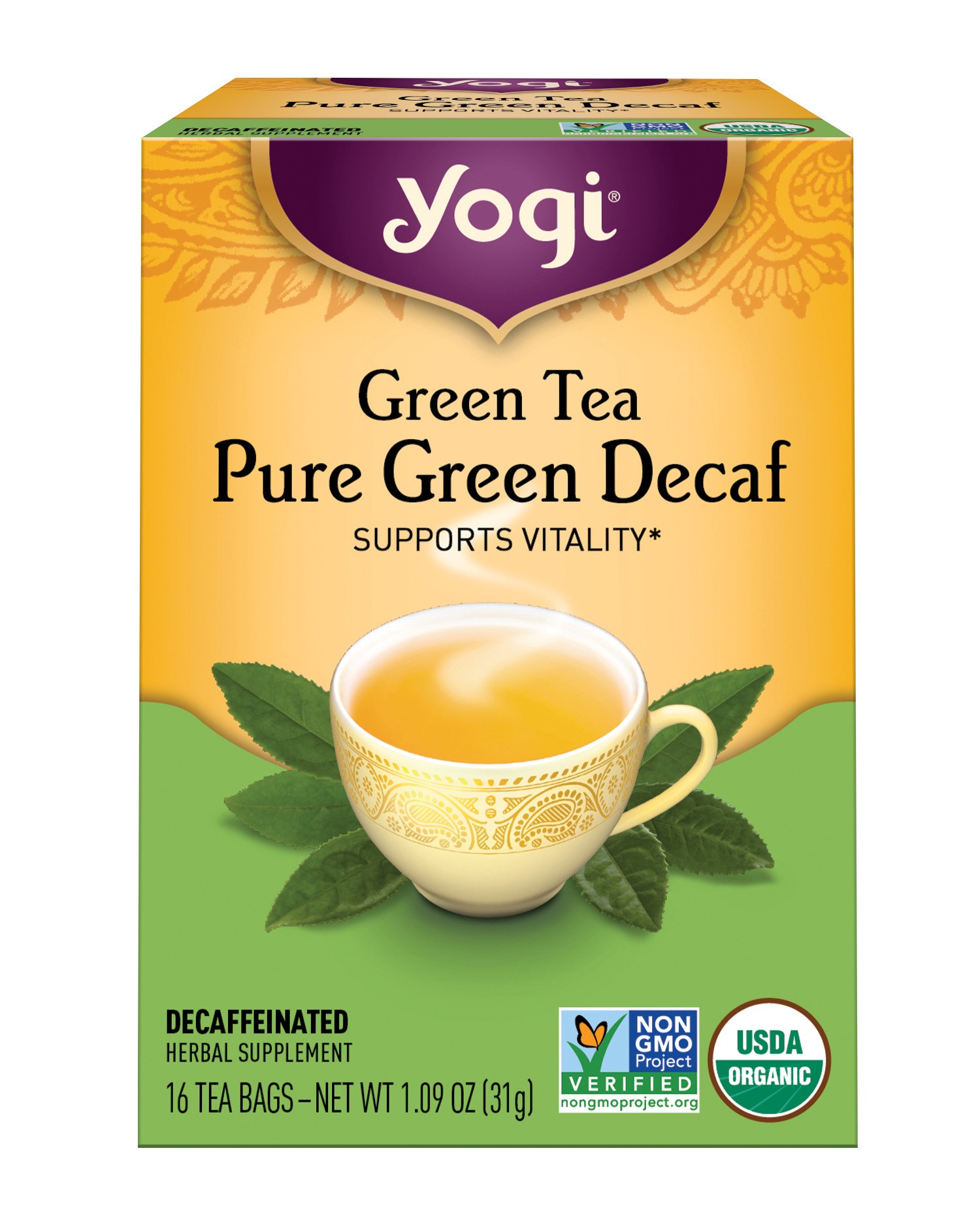 slide 1 of 1, Yogi Tea Green Tea Pure Green Decaf, Decaffeinated, Wellness Tea Bags, 16 Count, 16 ct