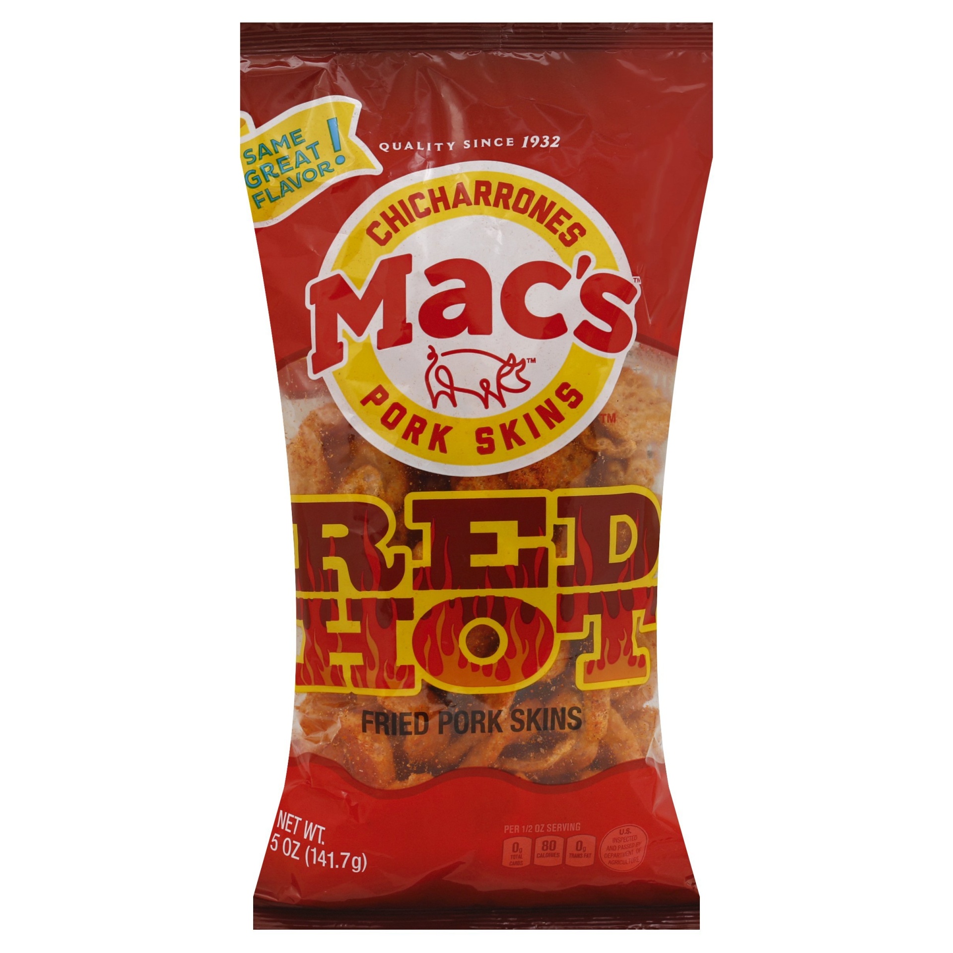 slide 1 of 8, Mac's Red Hot Pork Skins, 5 oz