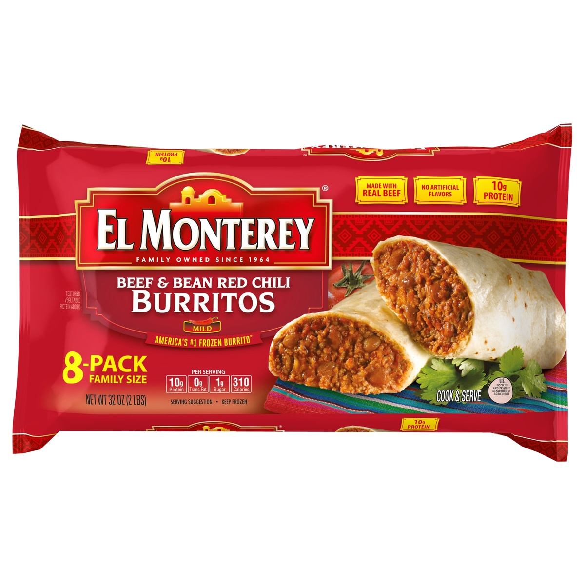 slide 1 of 3, El Monterey Beef & Bean Red Chili Burritos 8 Ct Bag, 