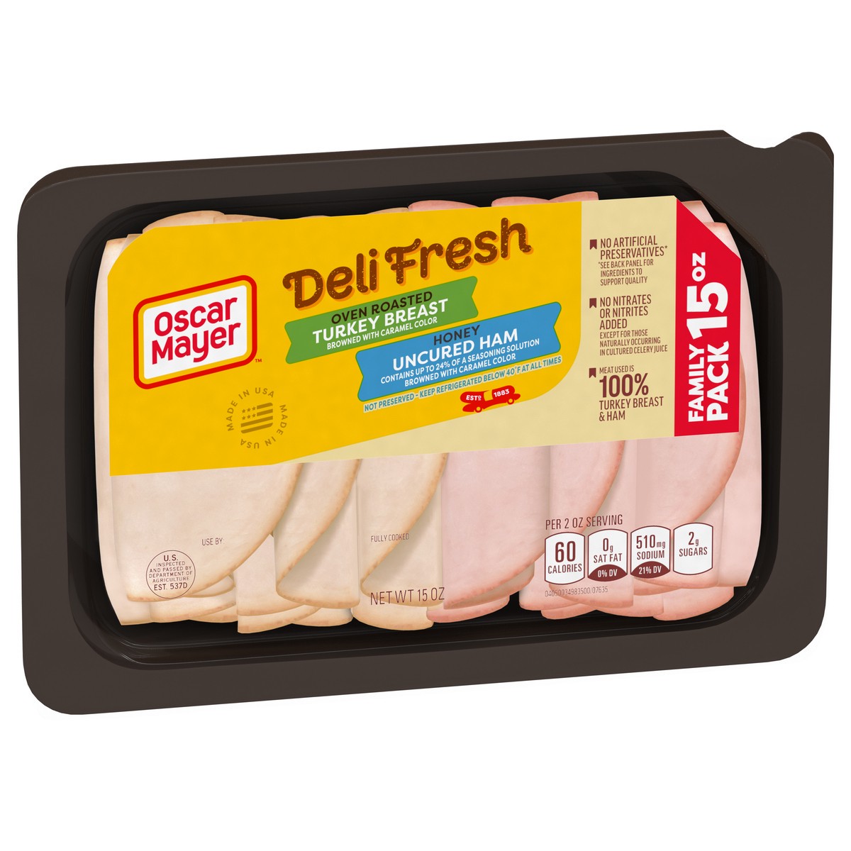 slide 9 of 9, Oscar Mayer Deli Fresh Oven Roasted Turkey Breast & Honey Uncured Ham Sliced Lunch Meat Variety Pack, 15 oz. Family Size Tray, 15 oz