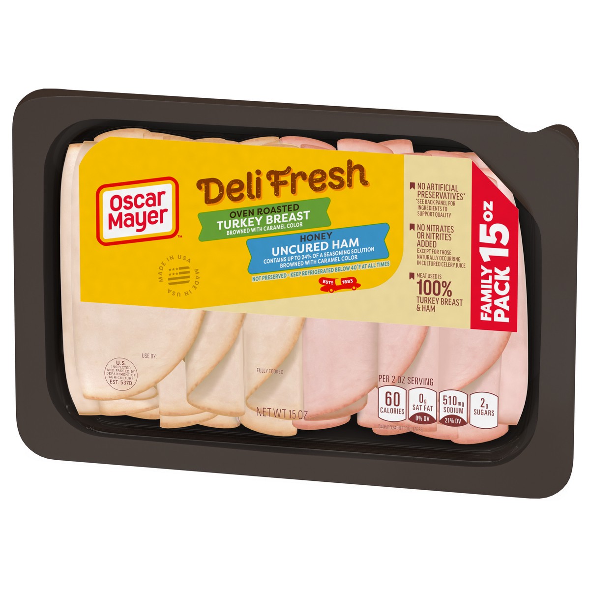 slide 7 of 9, Oscar Mayer Deli Fresh Oven Roasted Turkey Breast & Honey Uncured Ham Sliced Lunch Meat Variety Pack, 15 oz. Family Size Tray, 15 oz