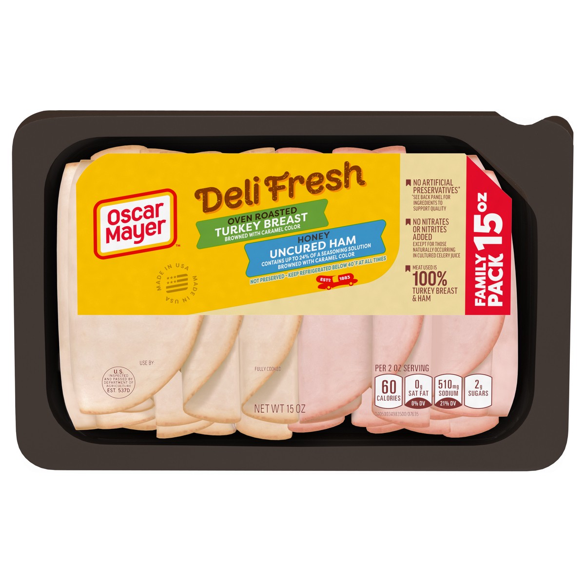 slide 1 of 9, Oscar Mayer Deli Fresh Oven Roasted Turkey Breast & Honey Uncured Ham Sliced Lunch Meat Variety Pack, 15 oz. Family Size Tray, 15 oz