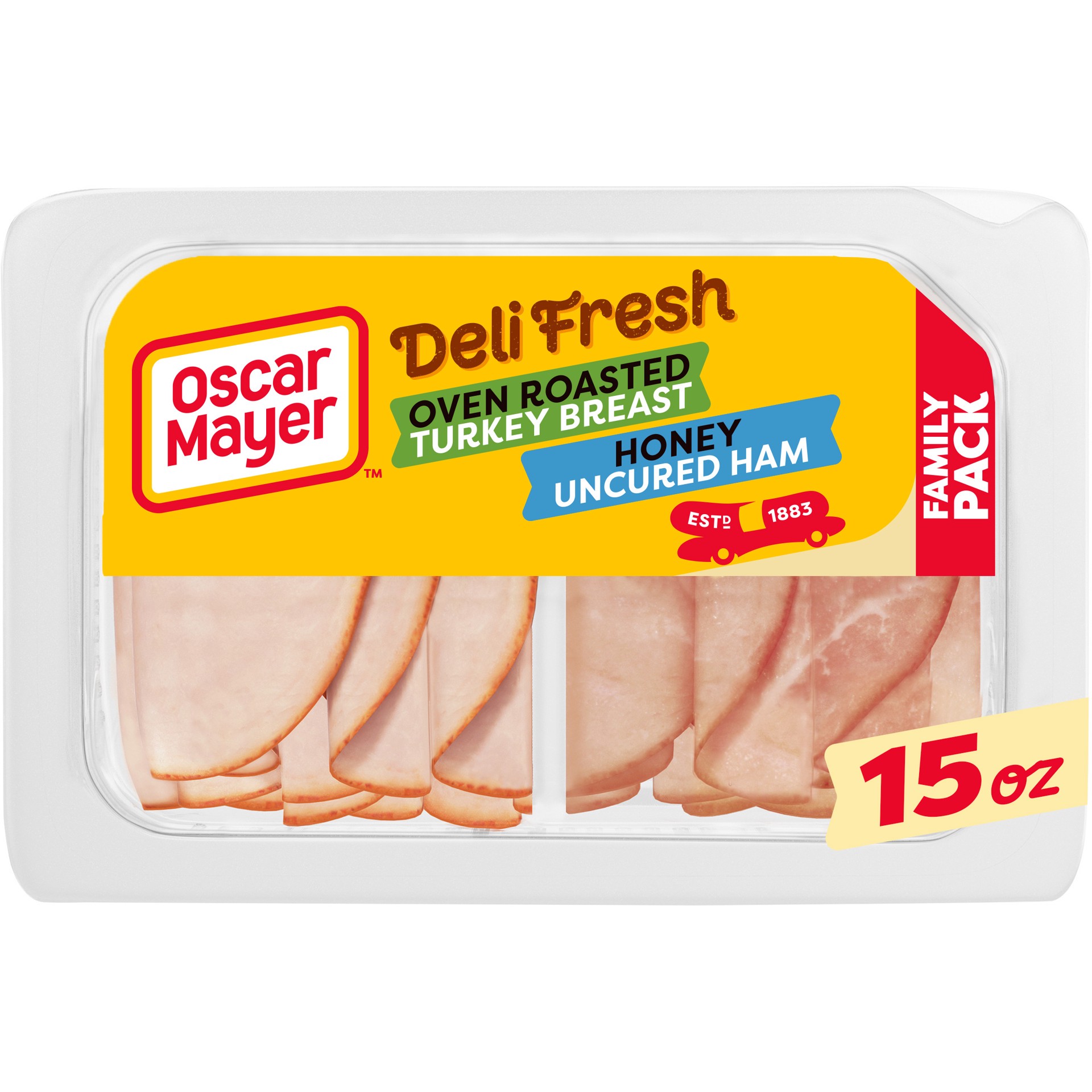 slide 1 of 6, Oscar Mayer Deli Fresh Oven Roasted Turkey Breast & Honey Uncured Ham Sliced Lunch Meat Variety Pack Family Size Tray, 15 oz