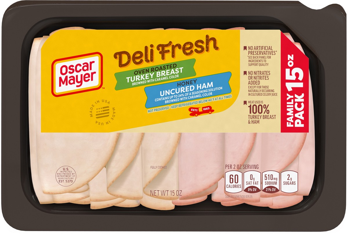 slide 3 of 9, Oscar Mayer Deli Fresh Oven Roasted Turkey Breast & Honey Uncured Ham Sliced Lunch Meat Variety Pack, 15 oz. Family Size Tray, 15 oz