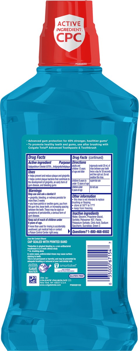 slide 5 of 8, Colgate Total Gum Health Alcohol Free Mouthwash, Antibacterial Formula, Clean Mint - 1L, 33.8 fl.oz. (6 Pack), 33.8 fl oz