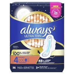 Always Unscented Ultra Thin Overnight Pads With Wings Size 4