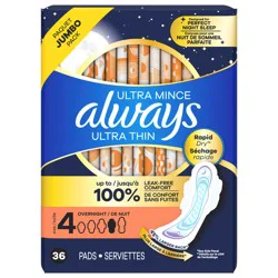 Always Ultra Thin Overnight Pads, Size 4, Overnight, Unscented, 36 Count