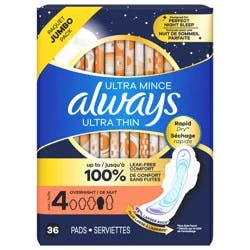 Always Ultra Thin Overnight Pads, Size 4, Overnight, Unscented, 36 Count