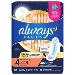 Always Ultra Thin Overnight Pads with Flexi-Wings, Size 4, Overnight, Unscented, 36 Count