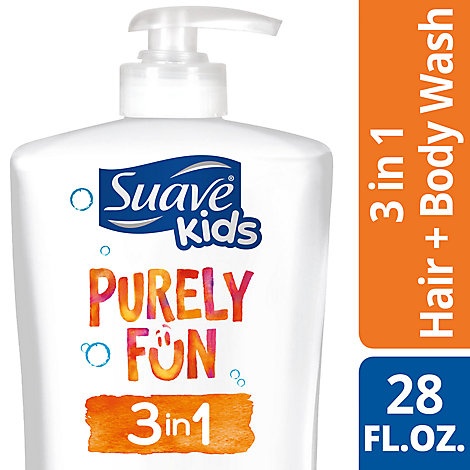 slide 1 of 1, Suave Kids Purely Fun Shampoo + Conditioner + Body Wash 3 In 1 Mild Clean Scent, 28 fl oz