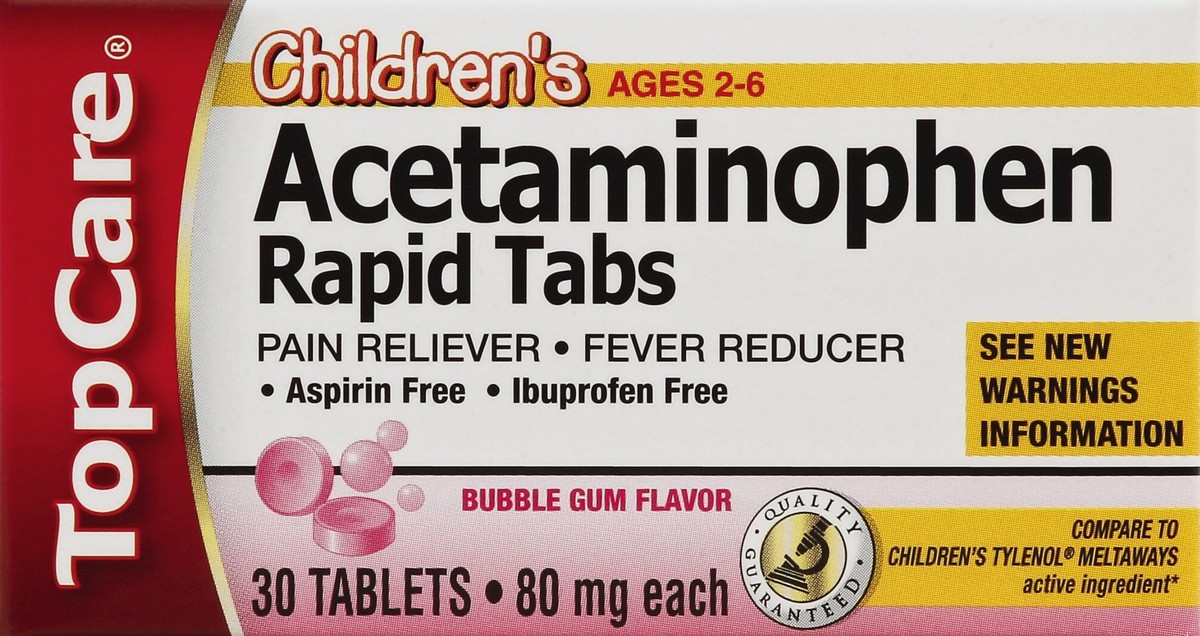 slide 5 of 6, TopCare Children's Acetaminophen 80 Mg Pain Reliever/fever Reducer Rapid Tablets, Bubble Gum, 30 ct; 80 mg