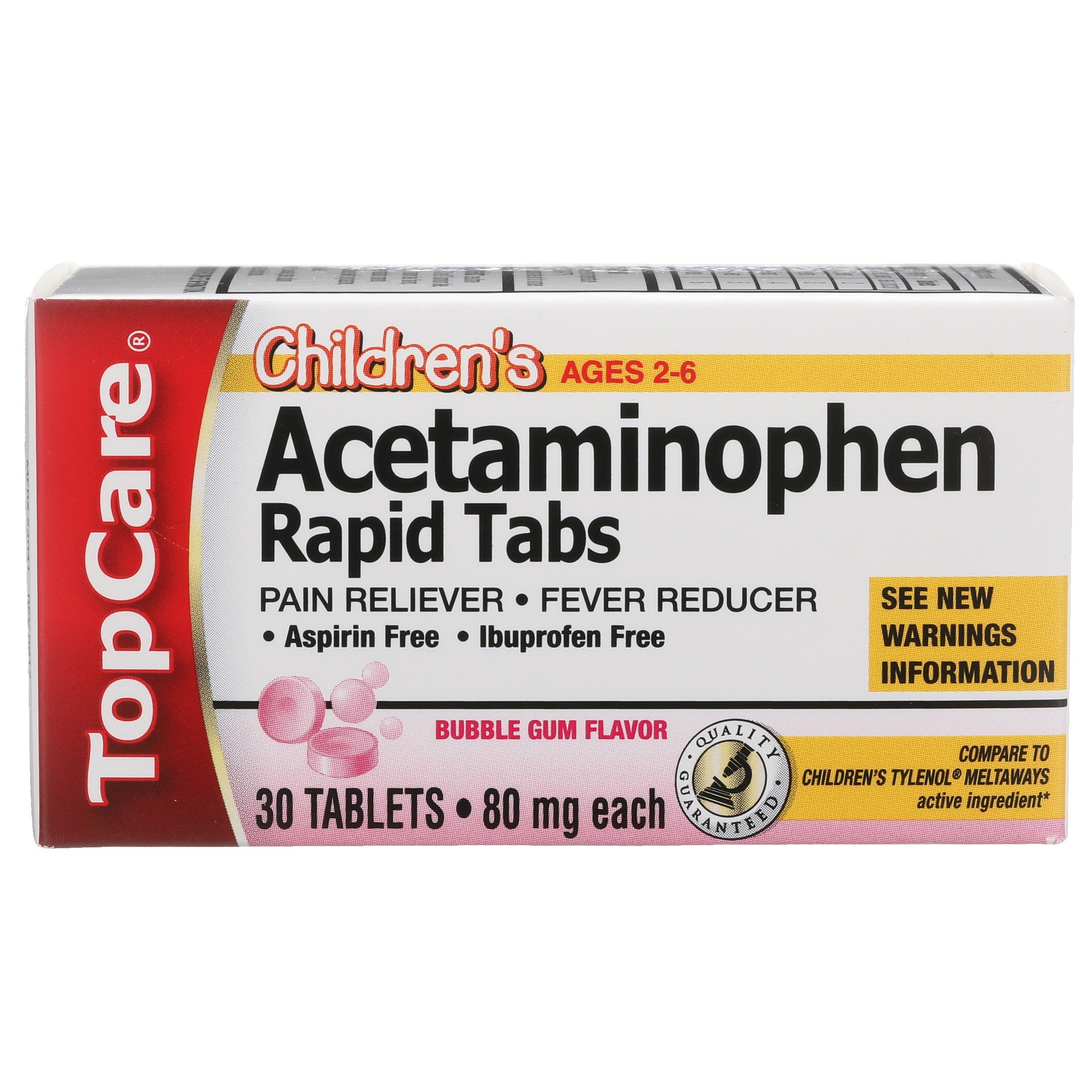 slide 1 of 6, TopCare Children's Acetaminophen 80 Mg Pain Reliever/fever Reducer Rapid Tablets, Bubble Gum, 30 ct; 80 mg