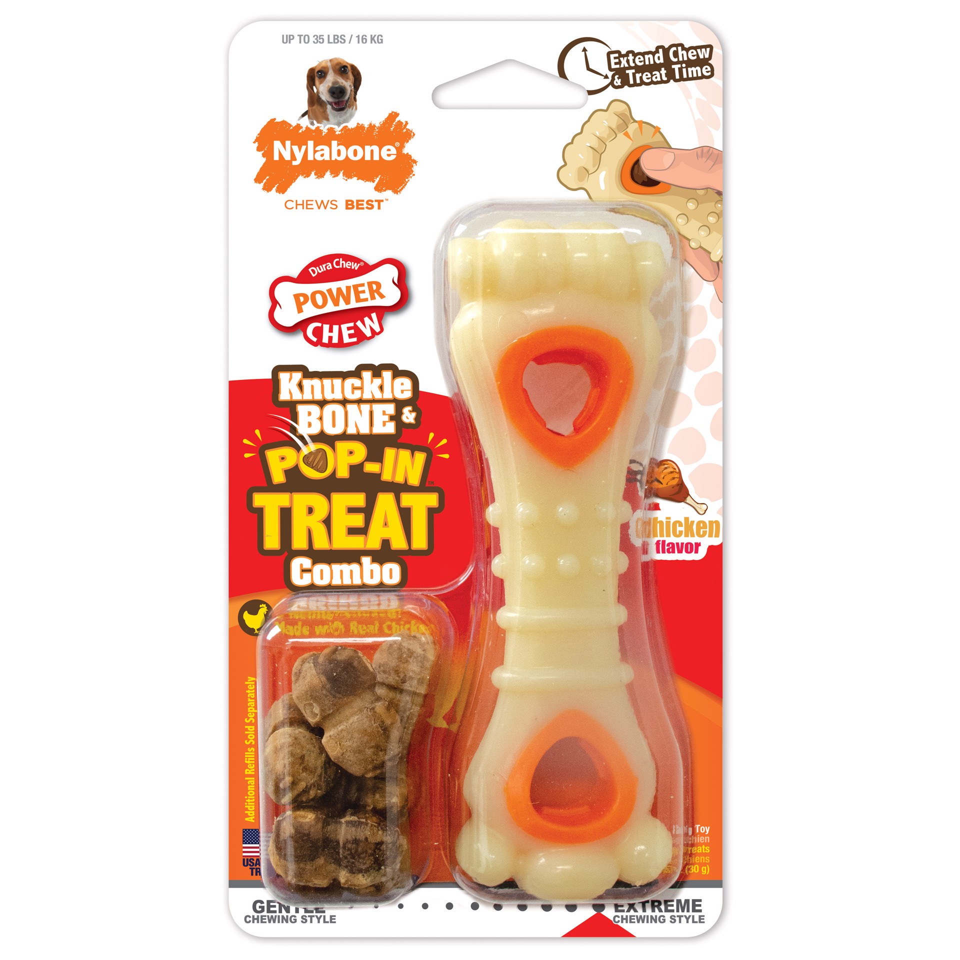 slide 1 of 4, Nylabone Power Chew Knuckle Bone & Pop-In Treat Toy Combo Chicken Pop-In Medium/Wolf - Up to 35 lbs.(1 Count), MED