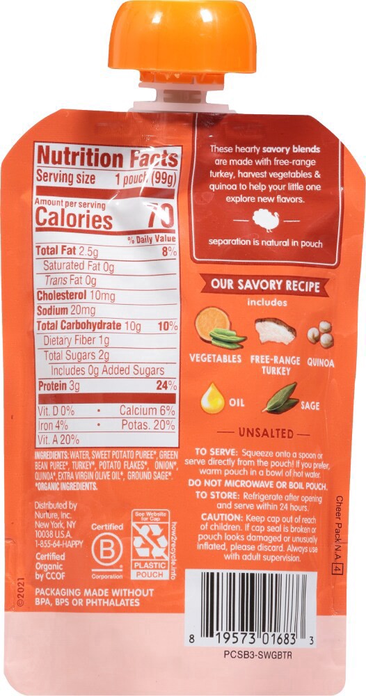 slide 2 of 2, Happy Baby Organics Savory Blends Stage 3 Baby Food Puree, Free-Range Turkey, Harvest Vegetables & Quinoa Skillet Pouch – 3.5 oz, 3.5 oz