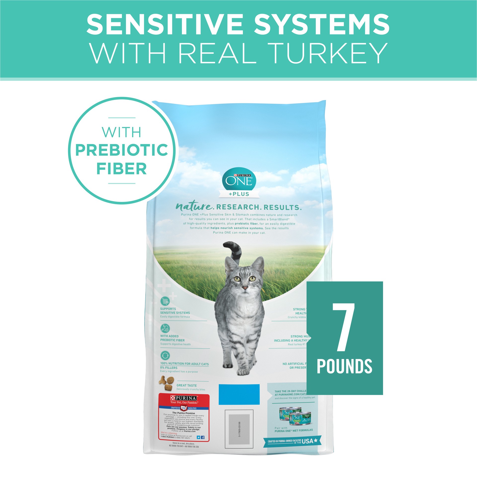 slide 3 of 9, Purina ONE Sensitive Skin & Stomach Natural Dry Cat Food with Turkey for Skin & Digestive Health - 7lbs, 7 lb