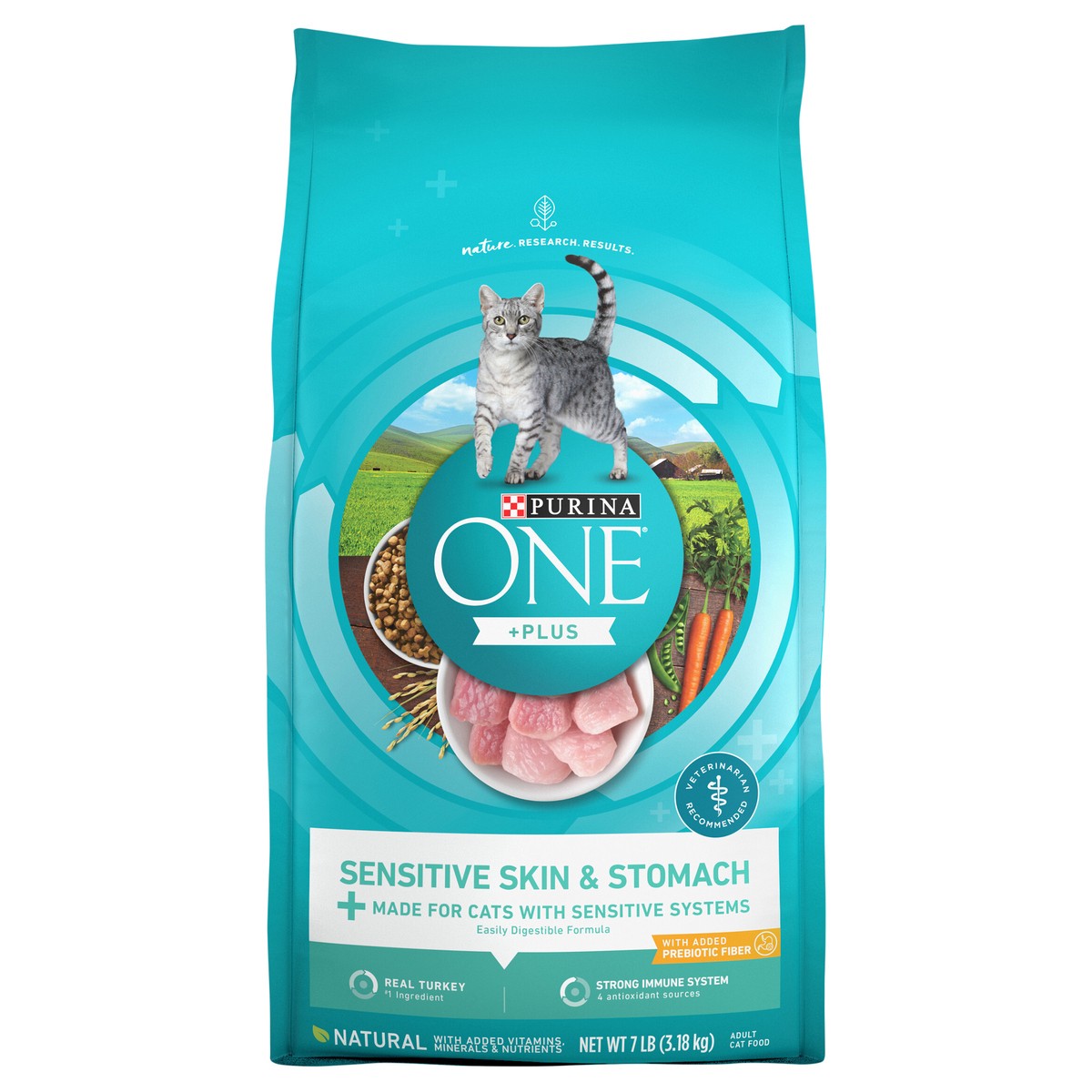 slide 1 of 9, Purina ONE Sensitive Skin & Stomach Natural Dry Cat Food with Turkey for Skin & Digestive Health - 7lbs, 7 lb