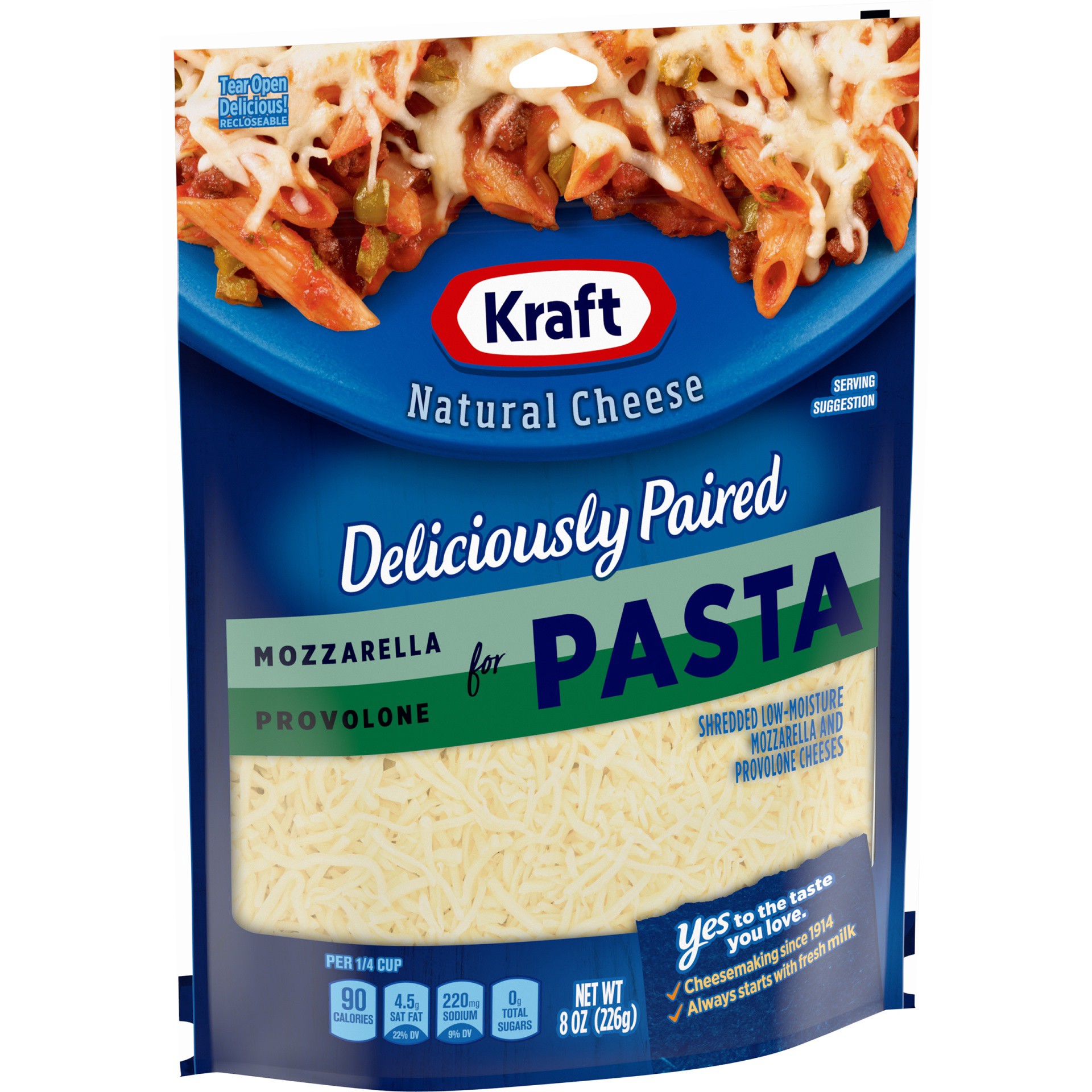 slide 2 of 13, Kraft Deliciously Paired Mozzarella & Provolone Shredded Cheese for Pasta, 8 oz Bag, 8 oz