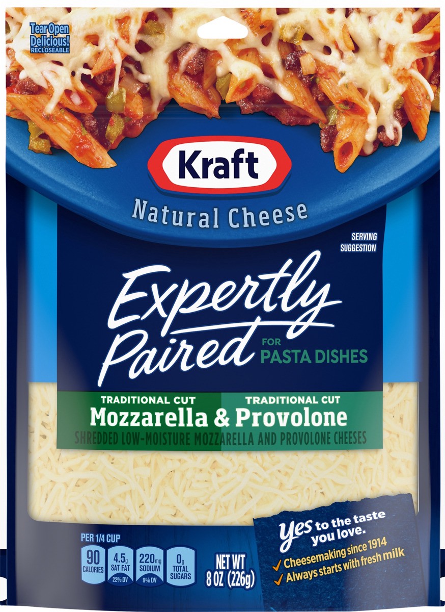 slide 7 of 8, Kraft Deliciously Paired Mozzarella & Provolone Shredded Cheese for Pasta, 8 oz