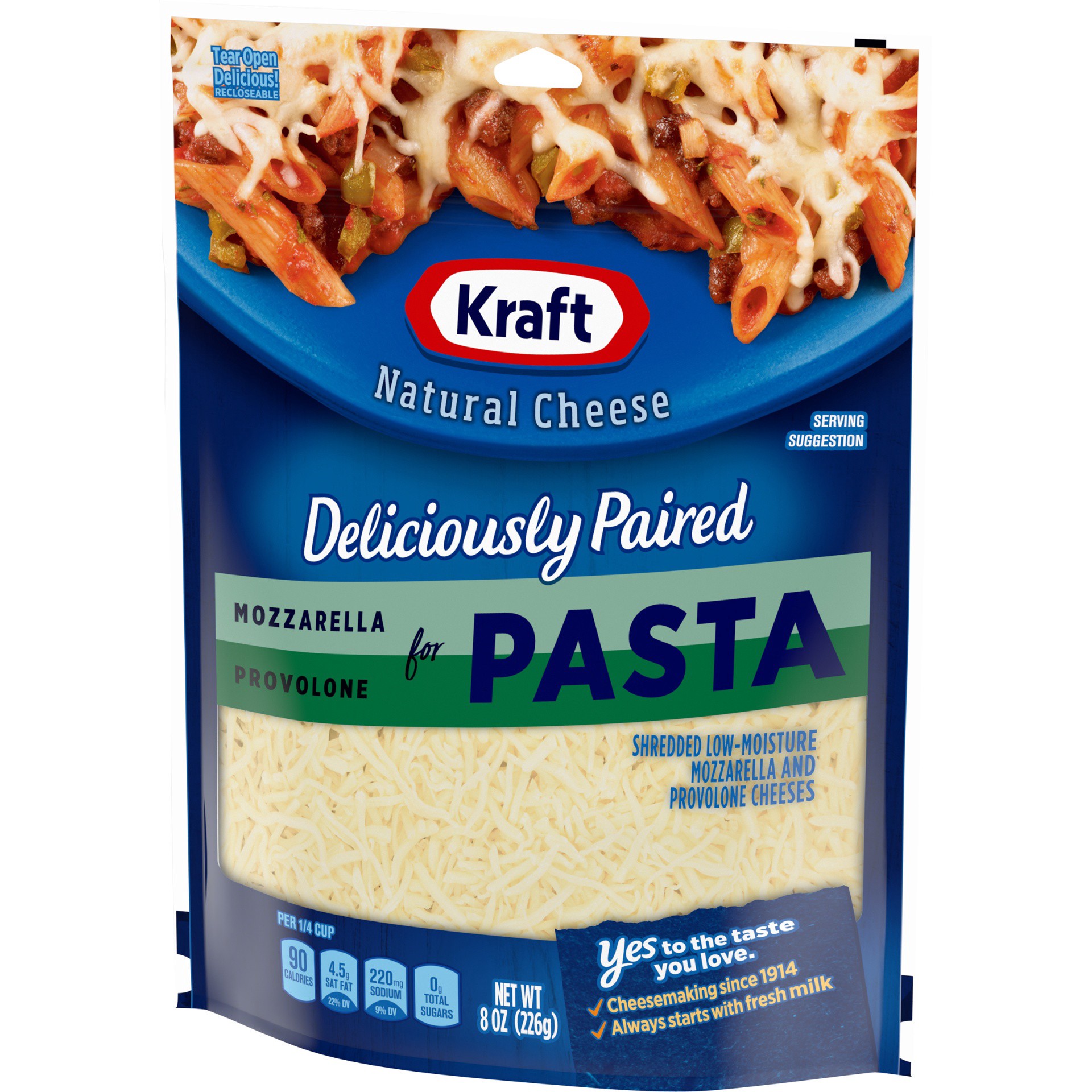 slide 6 of 13, Kraft Deliciously Paired Mozzarella & Provolone Shredded Cheese for Pasta, 8 oz Bag, 8 oz