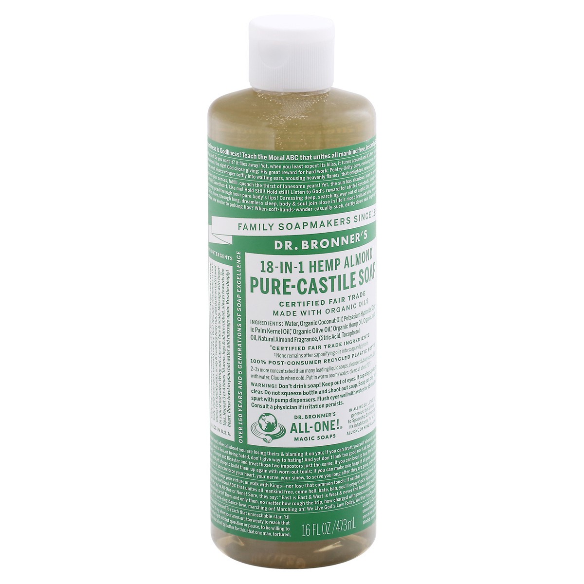 slide 8 of 9, Dr. Bronner's 18-in-1 Hemp Almond Pure-Castile Soap 16 fl oz, 16 fl oz