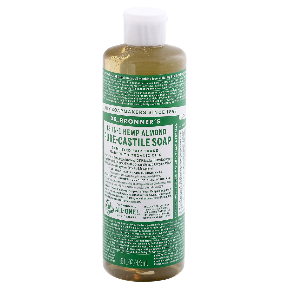 slide 9 of 9, Dr. Bronner's 18-in-1 Hemp Almond Pure-Castile Soap 16 fl oz, 16 fl oz