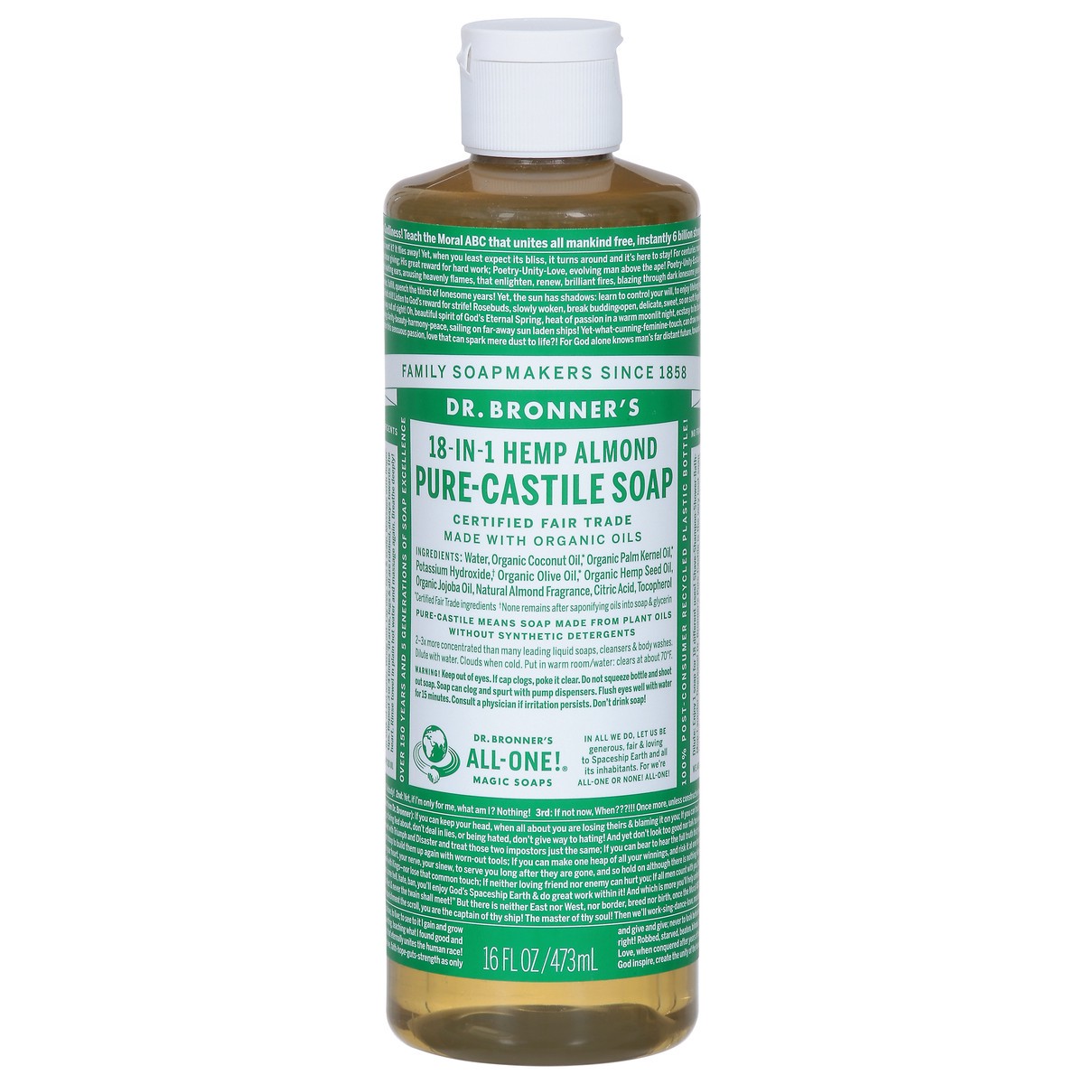 slide 1 of 9, Dr. Bronner's 18-in-1 Hemp Almond Pure-Castile Soap 16 fl oz, 16 fl oz