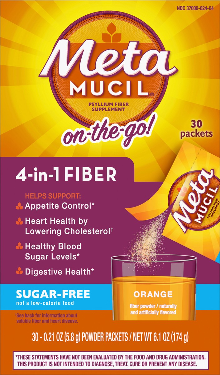 slide 2 of 2, Metamucil On-the-Go, Psyllium Husk Fiber Supplement, 4-in-1 Fiber for Digestive Health, Sugar Free, Orange Flavor, 30 packets, 30 ct