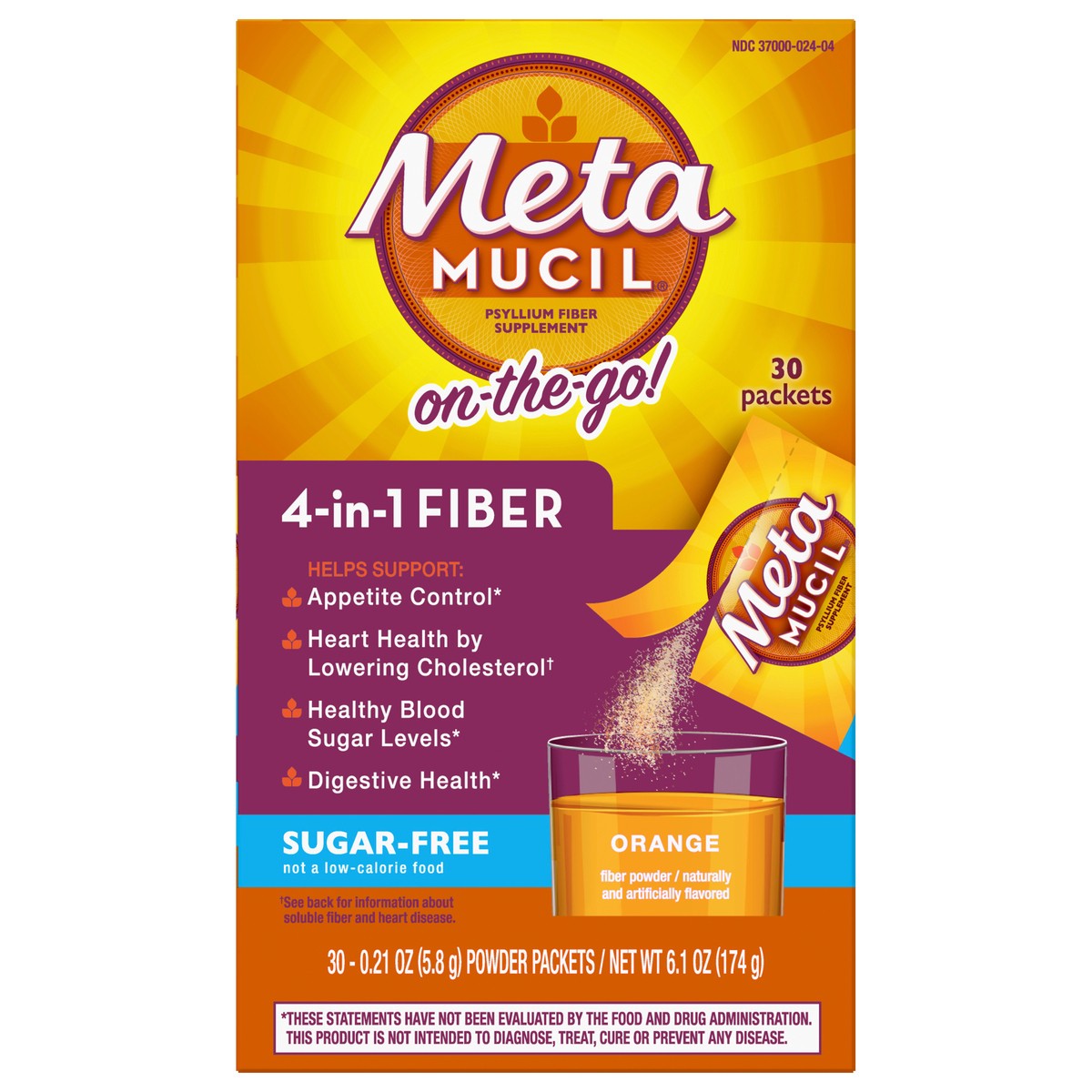 slide 1 of 2, Metamucil On-the-Go, Psyllium Husk Fiber Supplement, 4-in-1 Fiber for Digestive Health, Sugar Free, Orange Flavor, 30 packets, 30 ct