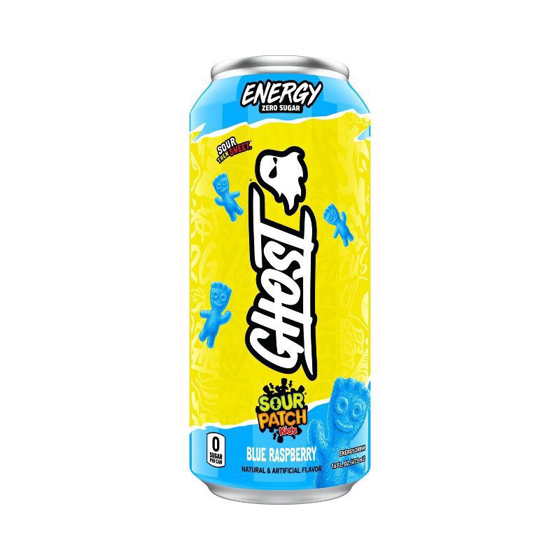 slide 1 of 9, Ghost Sour Patch Kids Blue Raspberry Energy Drink, 16 fl. oz. Can, 16 oz