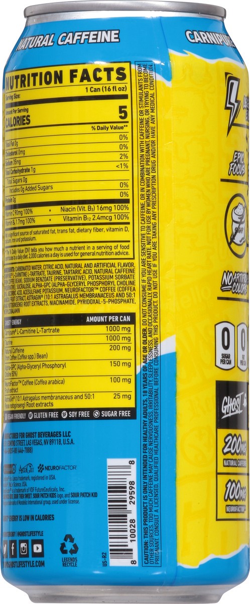 slide 7 of 9, Ghost Sour Patch Kids Blue Raspberry Energy Drink, 16 fl. oz. Can, 16 oz