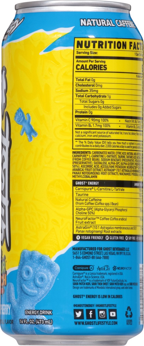 slide 8 of 9, Ghost Sour Patch Kids Blue Raspberry Energy Drink, 16 fl. oz. Can, 16 oz