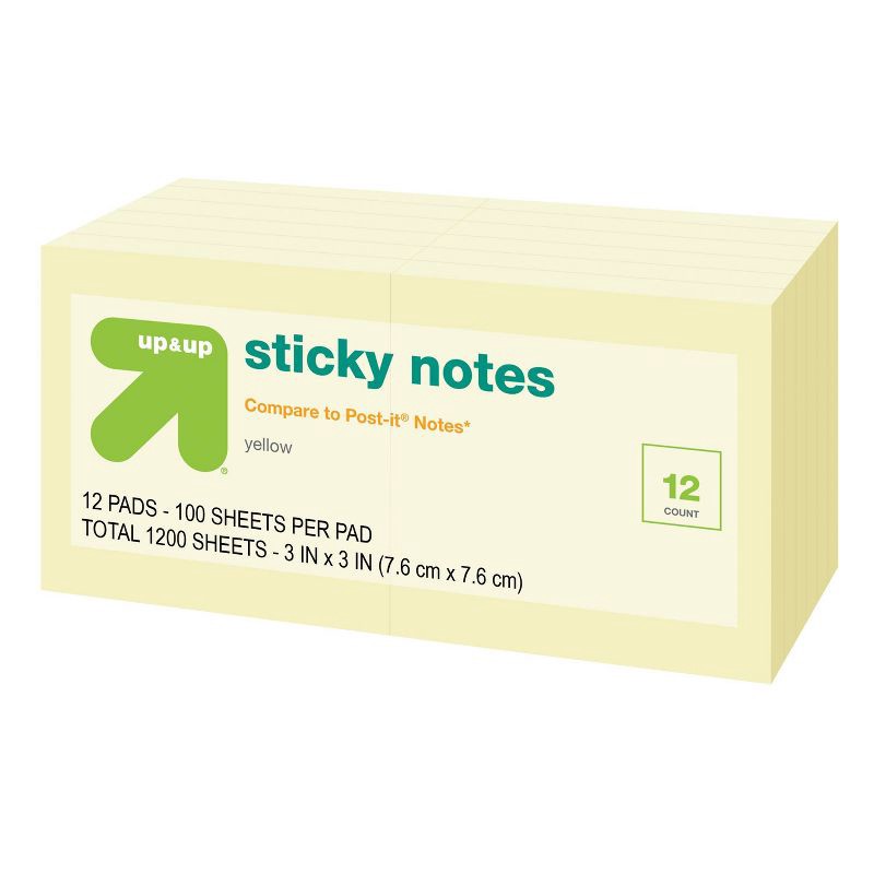 slide 2 of 3, 3"x3" 12ct Sticky Notes Cube Yellow - up&up™: Office Supplies, 100 Sheets, Uncoated Paper, Glue Binding, 12 ct, 100 sheets